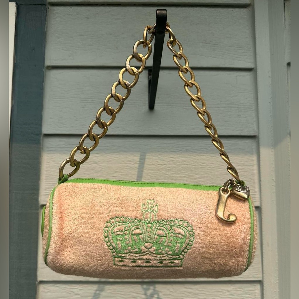 Vintage Juicy Couture Green And Pink Barrel Purse Shoulder Bag.
